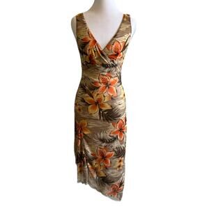 Y2K Asymmetrical Hawaiian Midi Dress S RAMPAGE Orange Floral Tropical Vintage